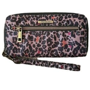 TRAVELON RFID Animal Cheetah Leopard Passport Zip Around Wristlet Wallet